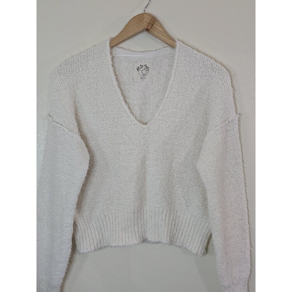 Free People We The Free Theo Cropped V Neck Sweater Ivory Knit Womens XS - Picture 8 of 13